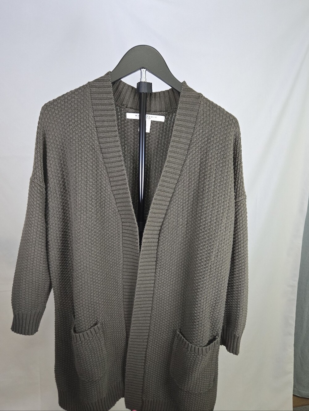 Max Studio Woman Open Front Cardigan 1X Olive Textured Knit Longline Sweater